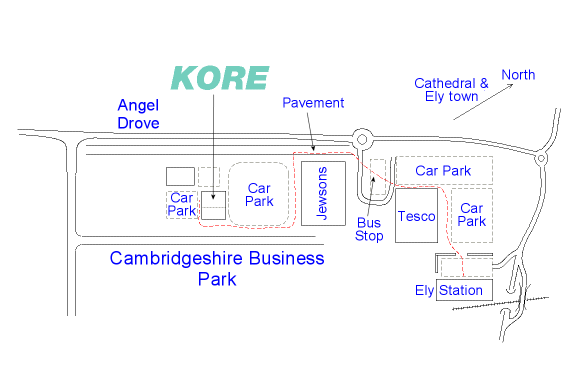 Schematic of path from Ely station to Kore